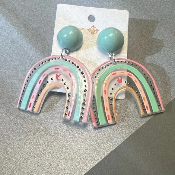 Good Vibes Only Pastel Retro Rainbow Dangle Earrings - Picture 4 of 6